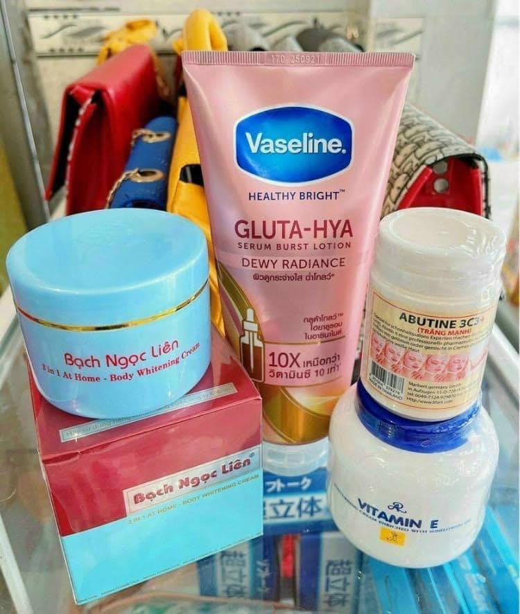 Combo Trắng Da Bạch Ngọc Liên Xanh + Vitamin E Thái + Kích Trắng V250 + Vaseline Hồng Gluta hya 10x