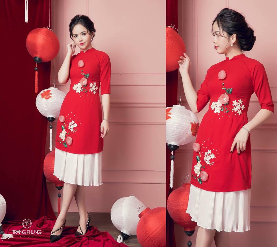 Áo dài Tết cách tân vải Gấm màu đỏ màu xanh dáng suông xoè ngắn tay VT55  video thật | Shopee Việt Nam